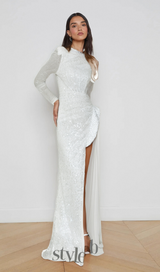 YVETTE PEARL EMBELLISHED SEQUIN MAXI DRESS IN WHITE