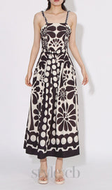 STRAP PRINTED MIDI DRESS IN BLACK