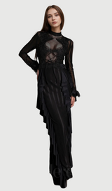 alani Panagas Long Sleeve Mesh Ruffle Dress