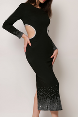 ELLA CRYSTAL EMBELLISHED CUT OUT BLACK MIDI DRESS