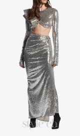 crop top drape skirt set in silver