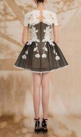 black-white lace flower embellished mini dress