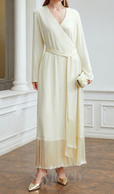 belted satin fringe-hem dress in beige