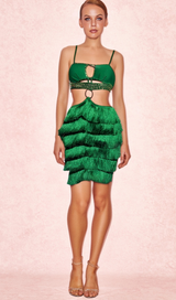 GREEN RHINESTONE CUTOUT FRINGE DRESS