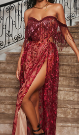 belen Codruta Strapless Leafy Fringe Maxi Dress In Wine