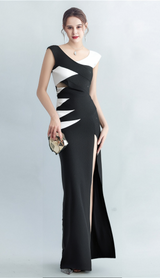 KORINA OFF SHOULDER CUTOUT HIGHSLIT DRESS IN BLACK