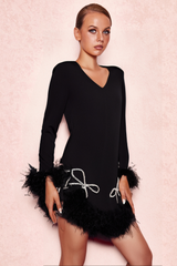 LONG SLEEVE BOW CRYSTAL FEATHER DRESS