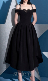 AMY LACE V-NECK PEARL STRAP MIDI MIDI DRESS IN BLACK