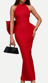 ANNA HUGE BOW SPLIT BANDAGE MAXI DRESS IN RED