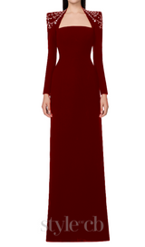 long sleeve trapezoid neckline bodycon maxi dress in red