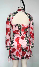 ROSE PRINT CUTOUT DRAPED MINI DRESS