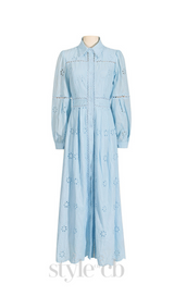 retro single-breasted hollow lace midi dress in blue