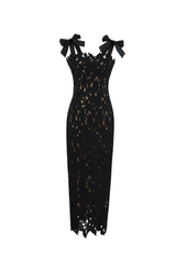 hermosa Bow Strap Embroidered Lace Maxi Dress in black
