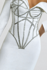 ADORNS ASYMMETRICAL ONE SHOULDER WHITE DRESS