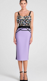 CRYSTAL BEADED APPLIQUE MIDI BANDAGE DRESS