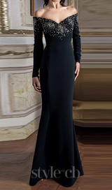 crystal embellished off-shoulder gown in black