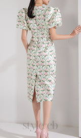 PUFF-SLEEVE FLORAL PRINTED MIDI DRESS