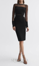 lyla knitted sheer sleeve midi dress in black