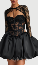 sally lace puffball mini dress in black