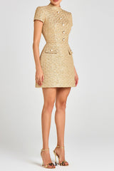 tiffany pearl-embellished tweed mini dress in gold