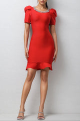 oanna Red Short Sleeve Rhinestone Bandage Mini Dress