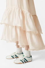 hedwig off-shoulder floral printed ruffle maxi dress in beige