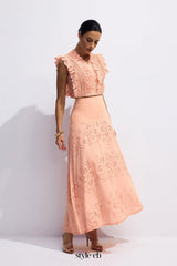 bonnie V-neck Embroidery Crop Top & Skirt Set in orange