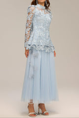 yvette blue Long Sleeve Folds Lace Butterfly Top And Skirt Two-Piece Set