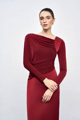Mirabel A-line Back Slit Taffeta Midi Dress in red