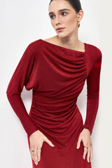 Mirabel A-line Back Slit Taffeta Midi Dress in red