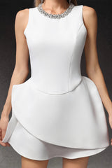 jean Round Neck Diamond Sleeveless Mini Dress in white