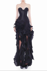 sabrina Ruffle Crystal strapless midi dress in black