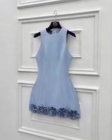 janice 3d flower sleeveless mini dress in blue