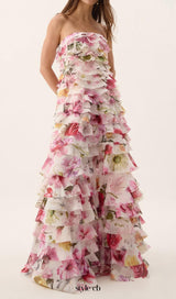 yetta Strapless Floral Printed Layered Maxi Dress