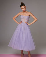 Lavender Strapless Puffy Midi Tulle Dress