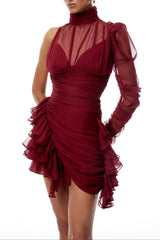 joanne Asymmetrical Ruffled Tulle Mini dress in Burgundy