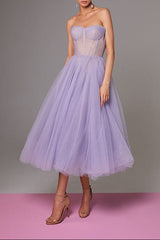 Lavender Strapless Puffy Midi Tulle Dress