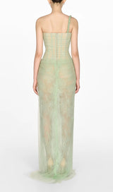 ONE SHOULDER MESH RUCHED MIDI DRESS IN GREEN