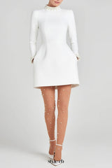 Beaded cuffs long sleeve mini dress in white