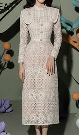 O-NECK EMBROIDERY HOLLOW OUT SINGLE BREASTED MIDI DRESS