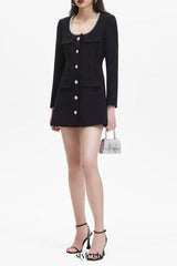 viola black Square Neck Rhinestone Pleated Mini Dress