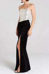 nancy off shoulder sequin high slit velvet maxi Dress - Silver/Black