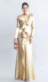 RAE CHAMPAGNE ONE-SHOULDER RUFFLE EMBELLISHED MAXI DRESS