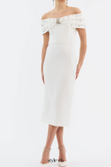 beulah Off-shoulder beaded diamond midi dress in white