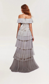 STRAPLESS RUCHED MESH MAXI DRESS IN WHITE