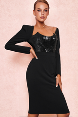 MELISSA LONG SLEEVE PATCHWORK SEQUIN MIDI DRESS IN BLACK