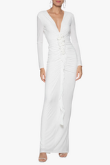 elsa V Neck Flower Ruched maxi Dress in white