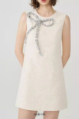 Bow Sequin Tweed Sleeveless mini dress in white