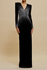 pearl embellished v-neck maxi dress in black