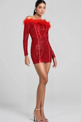 RED LONG SLEEVE FEATHERS SEQUIN DRESS